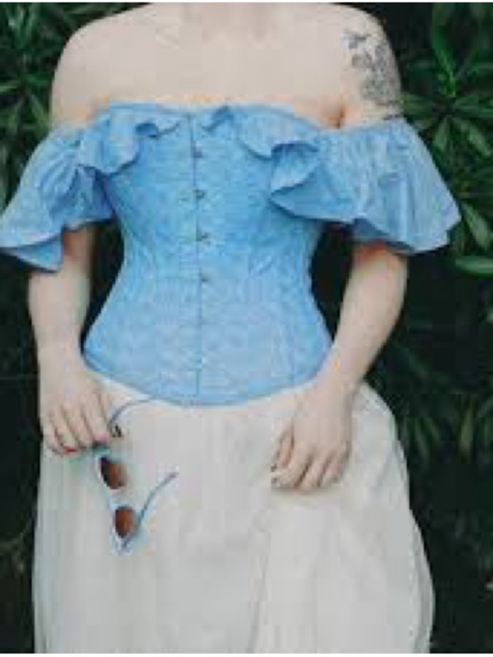 Off-Shoulder Light Blue Ruffle Corset Blouse